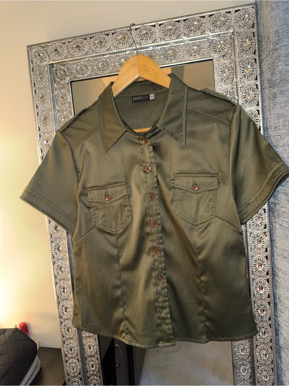Collared Short-Sleeve Shirt Dress in Olive Green